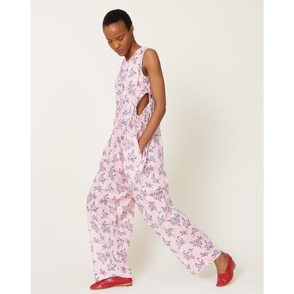 Caron Callahan Goa Pink Coral Floral Sleeveless Cotton Jumpsuit Large Cottage - Picture 3 of 16